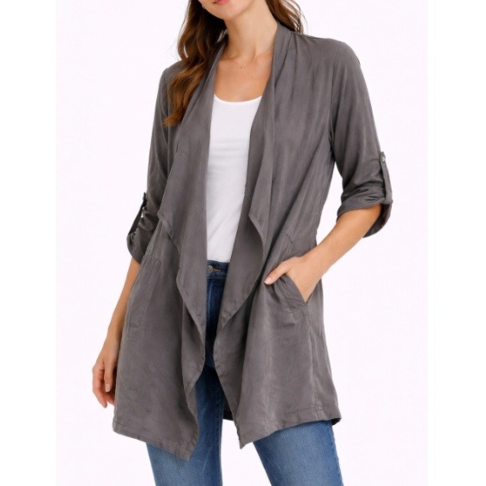 Blanc Noir Women's Gray Drape Open Front Pocketed Oversized Light Jacket Size M